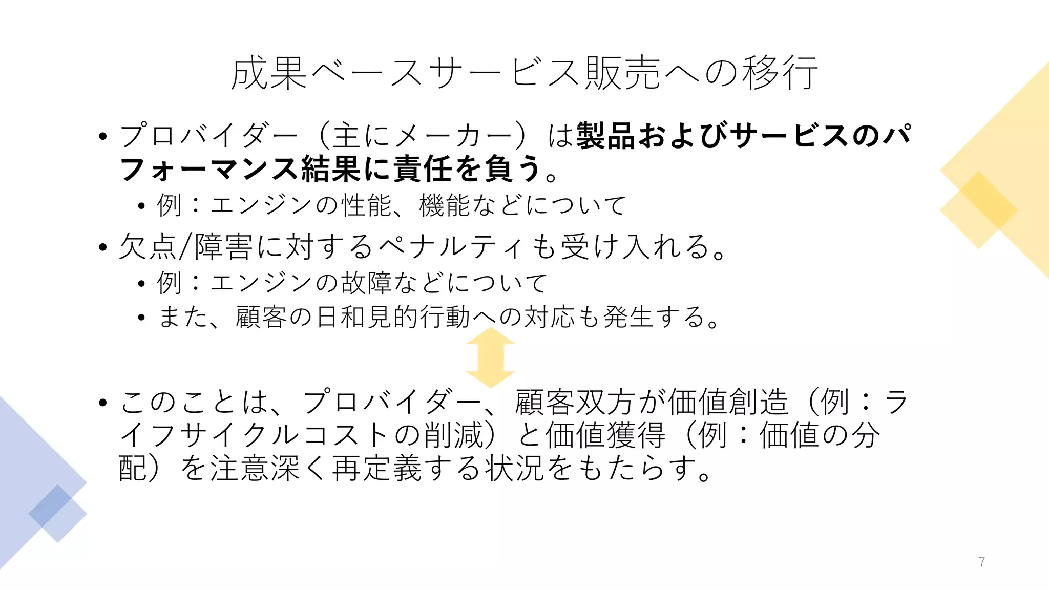 成果ベースサービス販売への移行
• プロバイダー（主にメーカー）は製品およびサービスのパ
フォーマンス結果に責任を負う。
• 例：エンジンの性能、機能などについて
• 欠点/障害に対するペナルティも受け入れる。
• 例：エンジンの故障などについて
• また、顧客の日和見的行動への対応も発生する。
• このことは、プロバイダー、顧客双方が価値創造（例：ラ
イフサイクルコストの削減）と価値獲得（例：価値の分
配）を注意深く再定義する状況をもたらす。
7
 