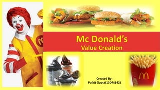Mc Donald’s
Value Creation
Created By:
Pulkit Gupta(13DM142)
 