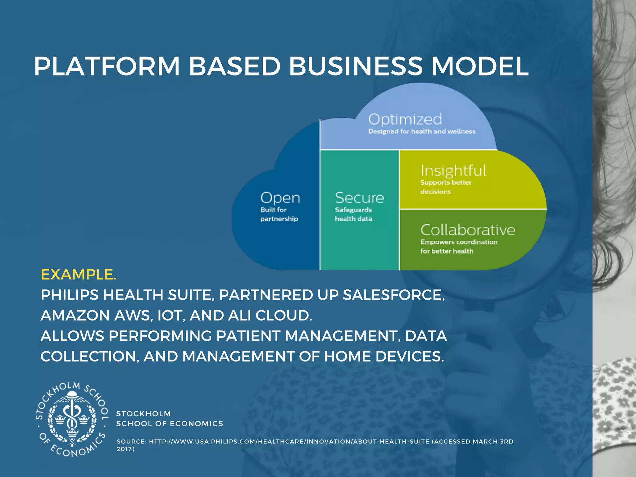 PLATFORM BASED BUSINESS MODEL 
STOCKHOLM
SCHOOL OF ECONOMICS 
EXAMPLE. 
PHILIPS HEALTH SUITE, PARTNERED UP SALESFORCE,
AMAZON AWS, IOT, AND ALI CLOUD.
ALLOWS PERFORMING PATIENT MANAGEMENT, DATA
COLLECTION, AND MANAGEMENT OF HOME DEVICES.
SOURCE: HTTP://WWW.USA.PHILIPS.COM/HEALTHCARE/INNOVATION/ABOUT-HEALTH-SUITE (ACCESSED MARCH 3RD
2017) 
 
