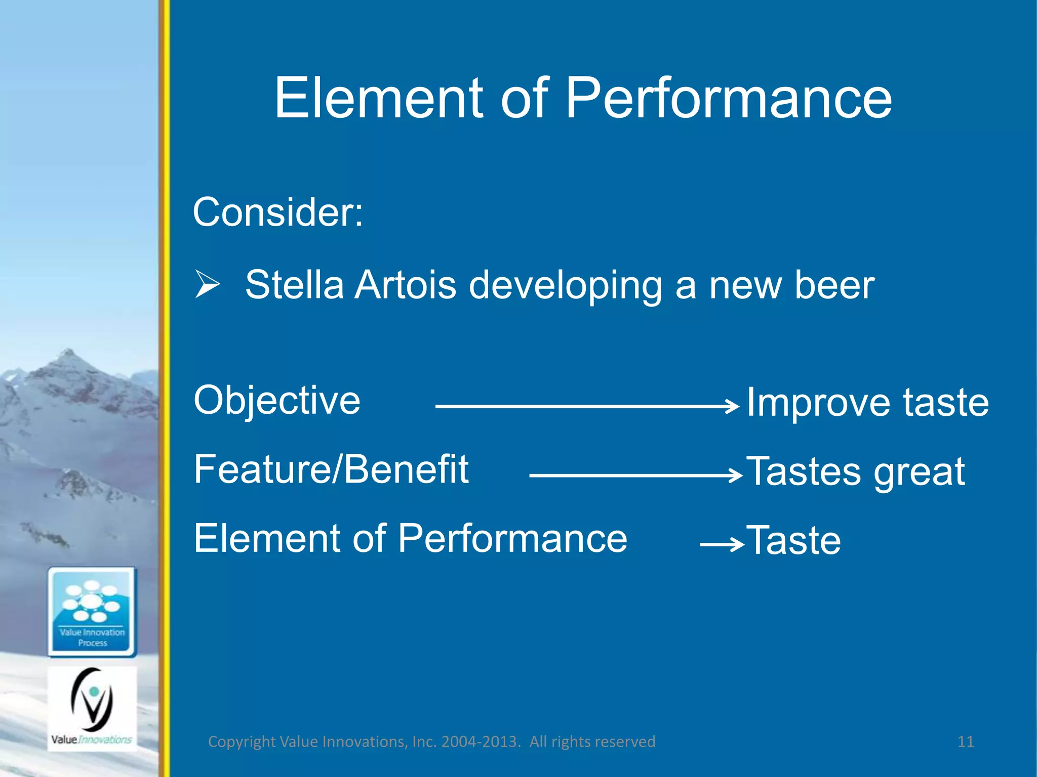 Element of Performance 
Consider: 
 Stella Artois developing a new beer 
Objective 
Feature/Benefit 
Element of Performance 
Improve taste 
Tastes great 
Taste 
Copyright Value Innovations, Inc. 2004-2013. All rights reserved 11 
 