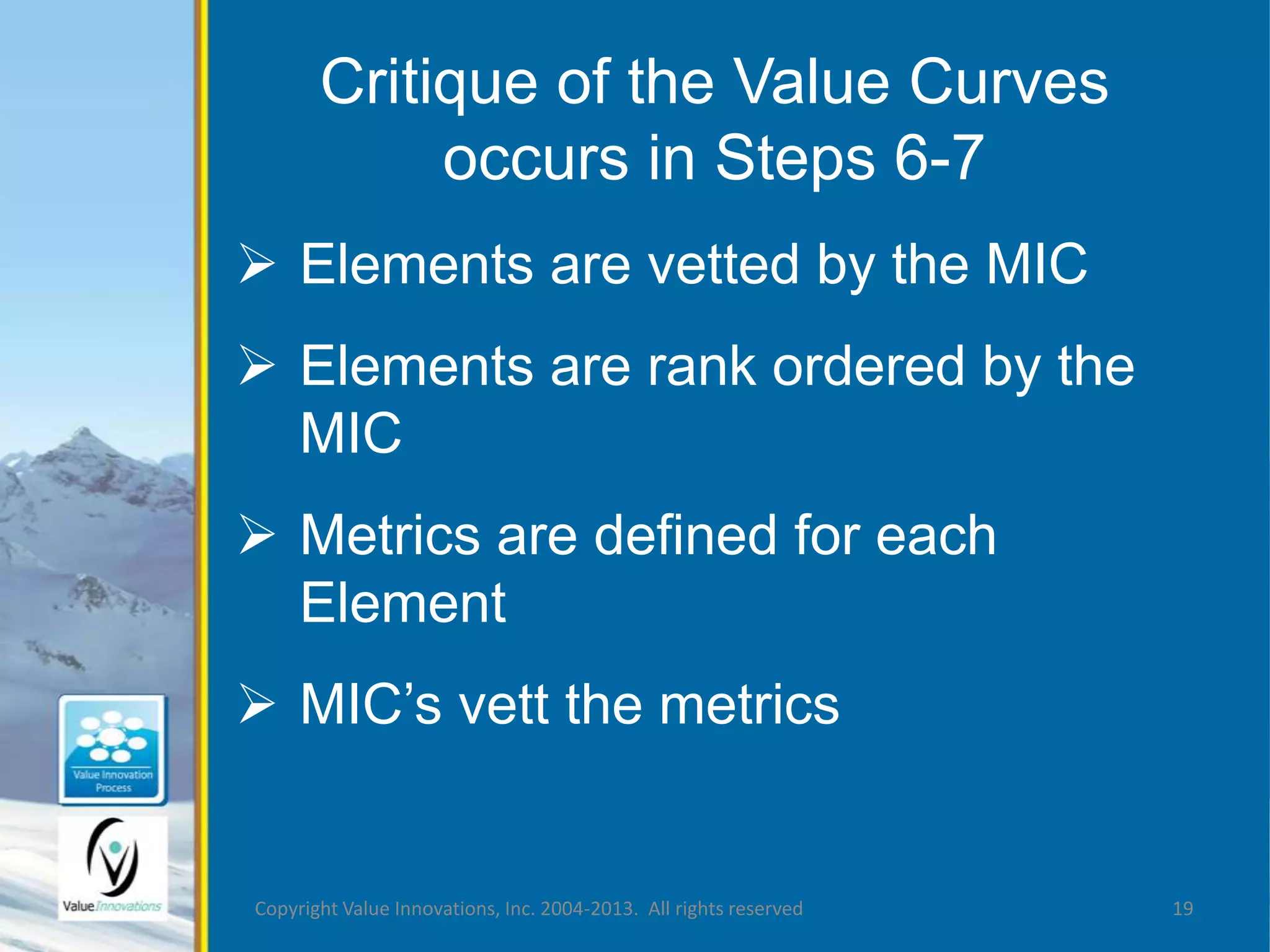 Critique of the Value Curves 
occurs in Steps 6-7 
 Elements are vetted by the MIC 
 Elements are rank ordered by the 
MIC 
 Metrics are defined for each 
Element 
 MIC’s vett the metrics 
Copyright Value Innovations, Inc. 2004-2013. All rights reserved 19 
 
