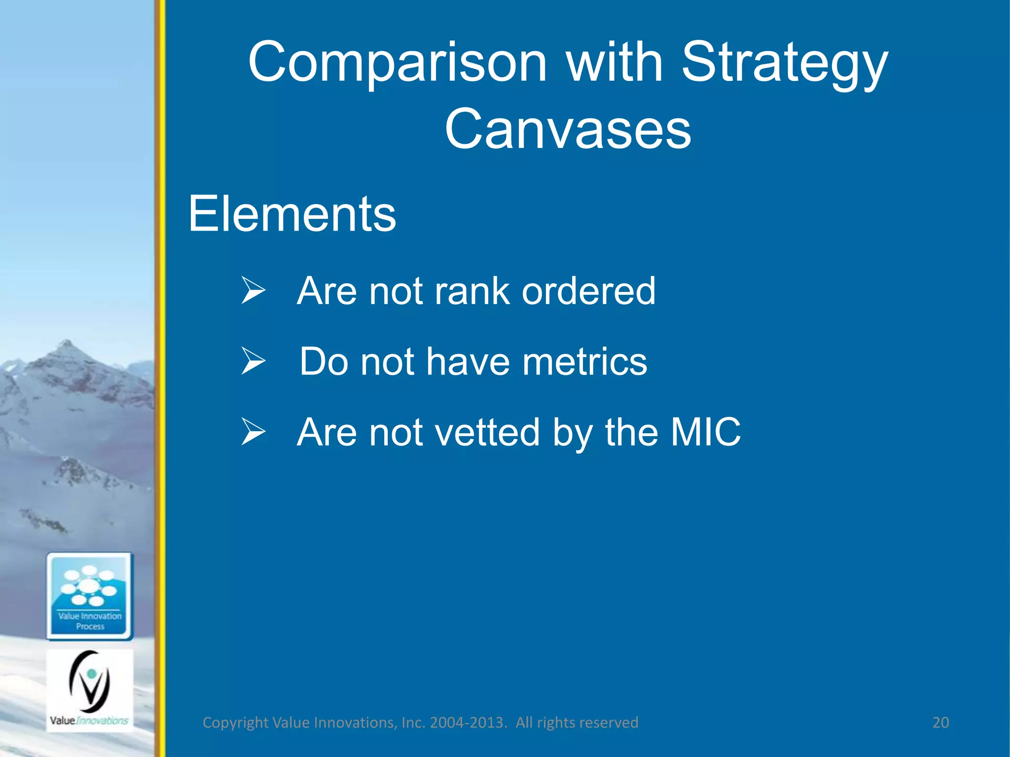 Comparison with Strategy 
Canvases 
Elements 
 Are not rank ordered 
 Do not have metrics 
 Are not vetted by the MIC 
Copyright Value Innovations, Inc. 2004-2013. All rights reserved 20 
 