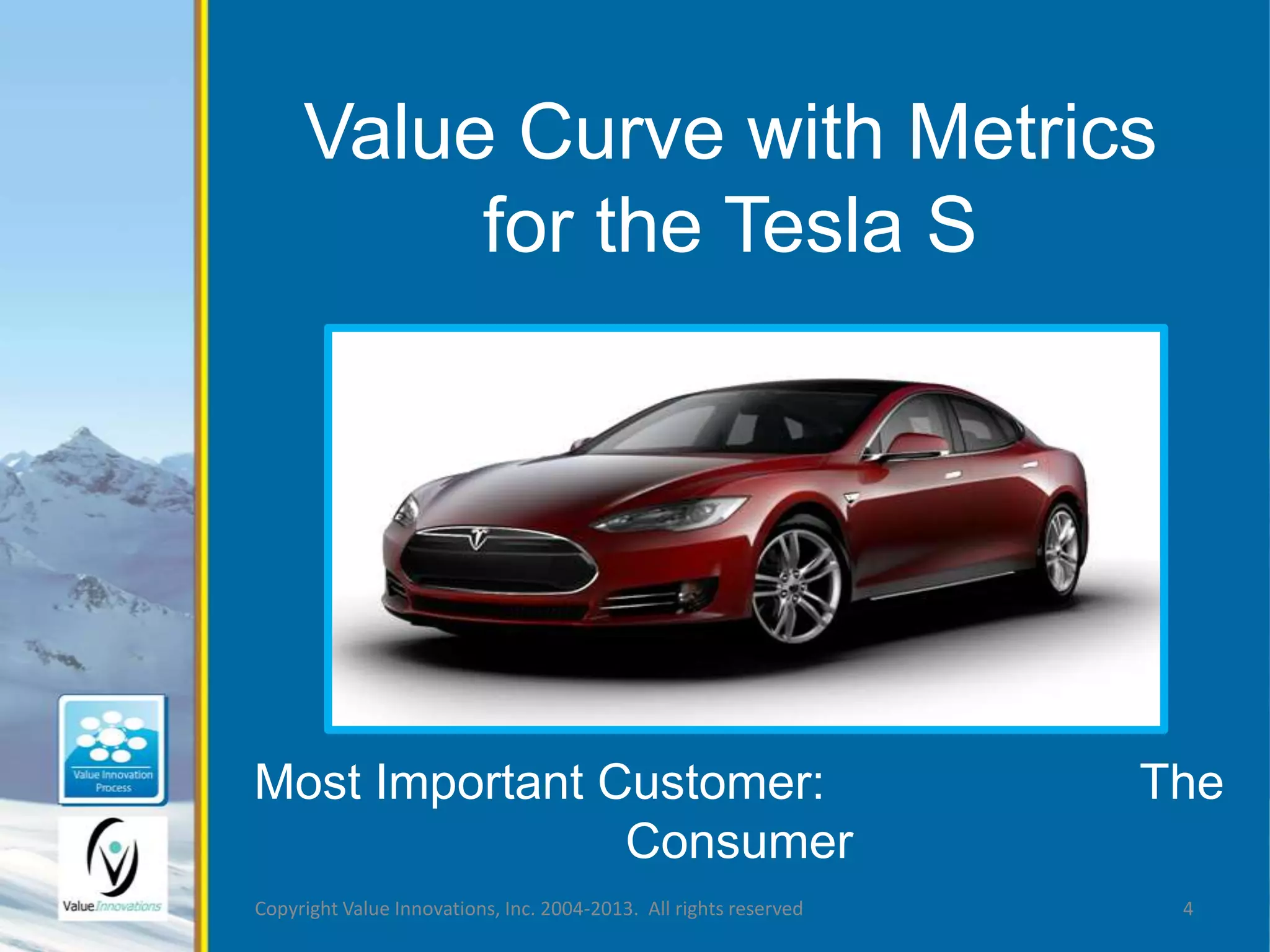 Value Curve with Metrics 
for the Tesla S 
Most Important Customer: The 
Consumer 
Copyright Value Innovations, Inc. 2004-2013. All rights reserved 4 
 