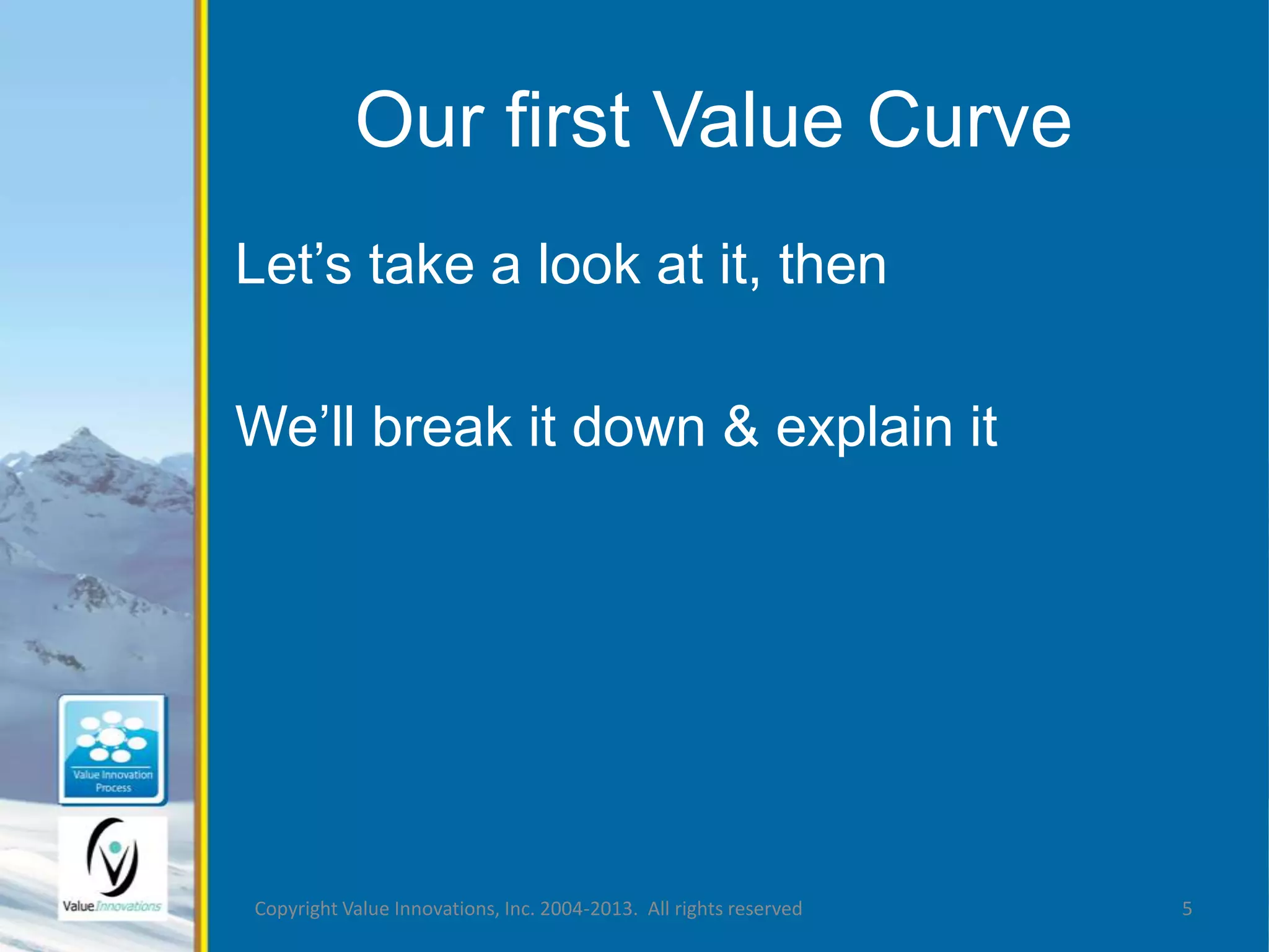 Our first Value Curve 
Let’s take a look at it, then 
We’ll break it down & explain it 
Copyright Value Innovations, Inc. 2004-2013. All rights reserved 5 
 