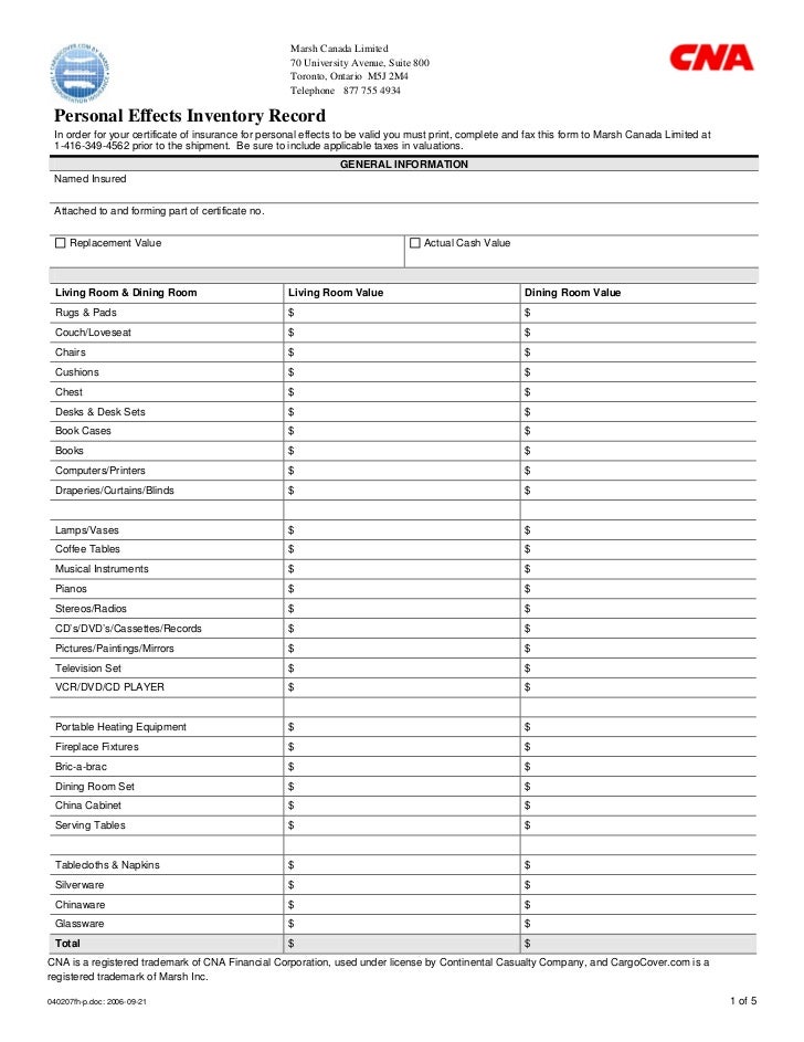 insurance contents inventory form