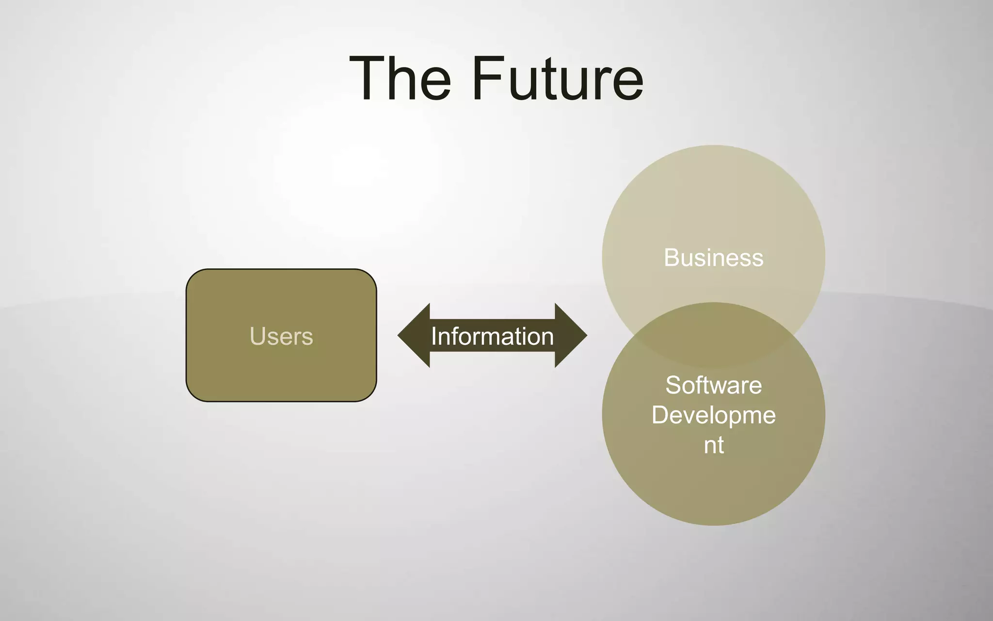 The Future

                        Business


Users     Information
                         Software
                        Developme
                            nt
 
