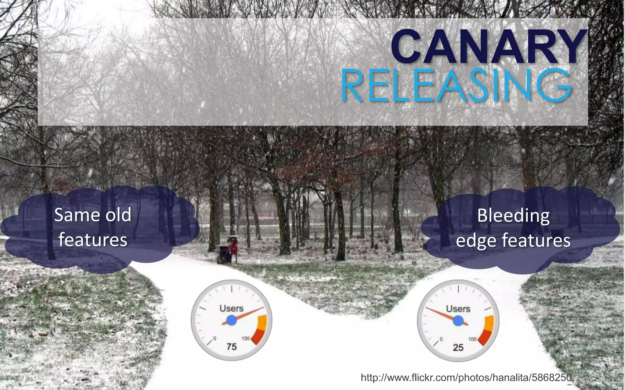 CANARY
           RELEASING

Same old                         Bleeding
features                       edge features




           http://www.flickr.com/photos/hanalita/5868250
 