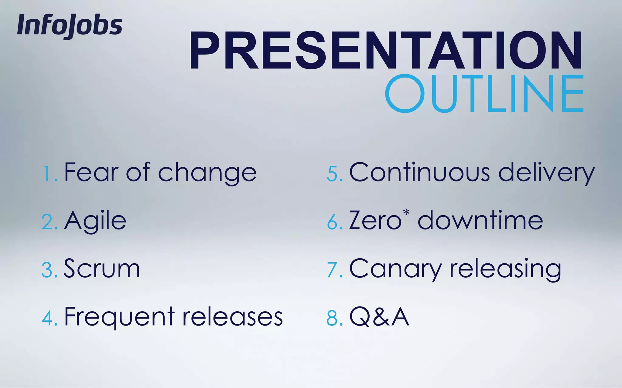 PRESENTATION
                    OUTLINE
1. Fear   of change      5. Continuous   delivery
2. Agile                 6. Zero*   downtime
3. Scrum                 7. Canary    releasing
4. Frequent   releases   8. Q&A
 