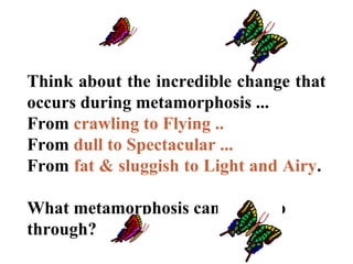 Think about the incredible change that
occurs during metamorphosis ...
From crawling to Flying ..
From dull to Spectacular ...
From fat & sluggish to Light and Airy.
What metamorphosis can YOU go
through?
 