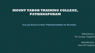 Submitted to :
Dr. George Varghese
Submitted by :
Ancy M Varghese
MOUNT TABOR TRAINING COLLEGE,
PATHANAPURAM
Value Education: Programmes in School
 
