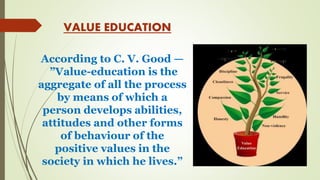 VALUE EDUCATION
According to C. V. Good —
”Value-education is the
aggregate of all the process
by means of which a
person develops abilities,
attitudes and other forms
of behaviour of the
positive values in the
society in which he lives.”
 