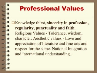 Professional Values
Knowledge thirst, sincerity in profession,
regularity, punctuality and faith.
Religious Values - Tolerance, wisdom,
character. Aesthetic values - Love and
appreciation of literature and fine arts and
respect for the same. National Integration
and international understanding.
 