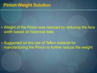Pinion Weight Solution,[object Object],Weight of the Pinion was reduced by reducing the face width based on historical data,[object Object],Suggested on the use of Teflon material for manufacturing the Pinion to further reduce the weight,[object Object]