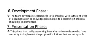 6. Development Phase:
 The team develops selected ideas in to proposal with sufficient level
of documentation to allow decision makers to determine if proposal
should be implemented.
7. Presentation Phase:
 This phase is actually presenting best alternative to those who have
authority to implement the proposed solutions that are acceptable.
 