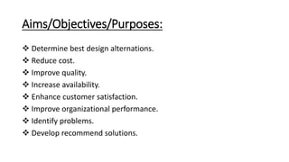 Aims/Objectives/Purposes:
 Determine best design alternations.
 Reduce cost.
 Improve quality.
 Increase availability.
 Enhance customer satisfaction.
 Improve organizational performance.
 Identify problems.
 Develop recommend solutions.
 