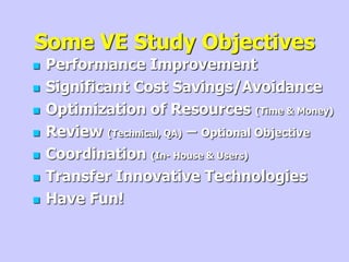 Some VE Study Objectives
 Performance Improvement
 Significant Cost Savings/Avoidance
 Optimization of Resources (Time & Money)
 Review (Technical, QA) – Optional Objective
 Coordination (In- House & Users)
 Transfer Innovative Technologies
 Have Fun!
 