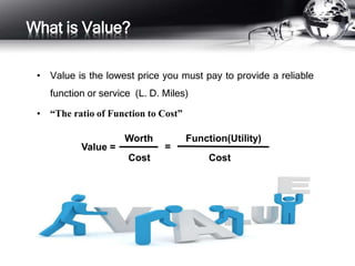 • Value is the lowest price you must pay to provide a reliable
function or service (L. D. Miles)
• “The ratio of Function to Cost”
What is Value?
Value =
Worth
Cost
=
Function(Utility)
Cost
 