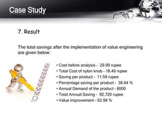 7. Result
The total savings after the implementation of value engineering
are given below:
• Cost before analysis – 29.99 rupee
• Total Cost of nylon knob – 18.40 rupee
• Saving per product – 11.59 rupee
• Percentage saving per product – 38.64 %
• Annual Demand of the product – 8000
• Total Annual Saving – 92,720 rupee
• Value Improvement - 62.98 %
Case Study
 