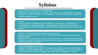 Syllabus
UNIT I: INTRODUCTION TO VALUE ENGINEERING
Introduction to value engineering – Concepts- Value- Types of value-Function-types of function-
Evaluation of function-Evaluation of costs-Evaluation of worth-Determination and evaluation of
economic parameters of value.
UNIT II:
Concepts of job plan – Information phase- Function phase – Creation phase – Evaluation phase –
Investigation phase – Implementation phase – Speculation phase – Analysis phase – Case studies
FAST Diagram: FAST diagram techniques – Application of FAST diagramming method to infrastructure
projects.
UNIT III: VALUE ENGINEERING DECISION MAKING TOOLS
Engineering economics: Time value of money – Rate of Return (ROR) analysis – Breakeven analysis –
Sensitivity analysis
Social Benefit Cost Analysis (SBCA)- Life Cycle Cost Analysis (LCCA) – Multi-Criteria Decision Making
(MCDM), Case studies. Cost Models: Type of cost models – Cost matrix – Development of cost models for
infrastructure projects, Case studies.
UNIT IV: METHODS OF VALUATION
Methods of Valuation: Rental method, Profit method, Case studies in rental and profit method of
evaluation; Land and Building method – Cost of construction; Estimate on area basis; Estimate on
cubic basis; Estimate by cost index; Residual or demolition value of old buildings; Case studies.
 