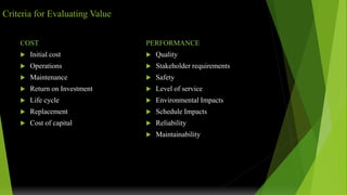 Criteria for Evaluating Value
COST
 Initial cost
 Operations
 Maintenance
 Return on Investment
 Life cycle
 Replacement
 Cost of capital
PERFORMANCE
 Quality
 Stakeholder requirements
 Safety
 Level of service
 Environmental Impacts
 Schedule Impacts
 Reliability
 Maintainability
 