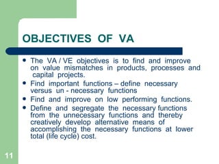 11
OBJECTIVES OF VA
 The VA / VE objectives is to find and improve
on value mismatches in products, processes and
capital projects.
 Find important functions – define necessary
versus un - necessary functions
 Find and improve on low performing functions.
 Define and segregate the necessary functions
from the unnecessary functions and thereby
creatively develop alternative means of
accomplishing the necessary functions at lower
total (life cycle) cost.
 