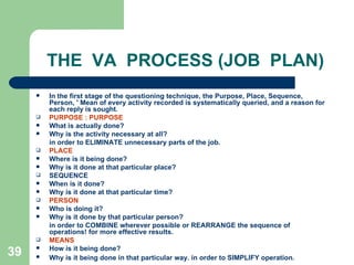 39
THE VA PROCESS (JOB PLAN)
 In the first stage of the questioning technique, the Purpose, Place, Sequence,
Person, ' Mean of every activity recorded is systematically queried, and a reason for
each reply is sought.
 PURPOSE : PURPOSE
 What is actually done?
 Why is the activity necessary at all?
in order to ELIMINATE unnecessary parts of the job.
 PLACE
 Where is it being done?
 Why is it done at that particular place?
 SEQUENCE
 When is it done?
 Why is it done at that particular time?
 PERSON
 Who is doing it?
 Why is it done by that particular person?
in order to COMBINE wherever possible or REARRANGE the sequence of
operations! for more effective results.
 MEANS
 How is it being done?
 Why is it being done in that particular way. in order to SIMPLIFY operation.
 