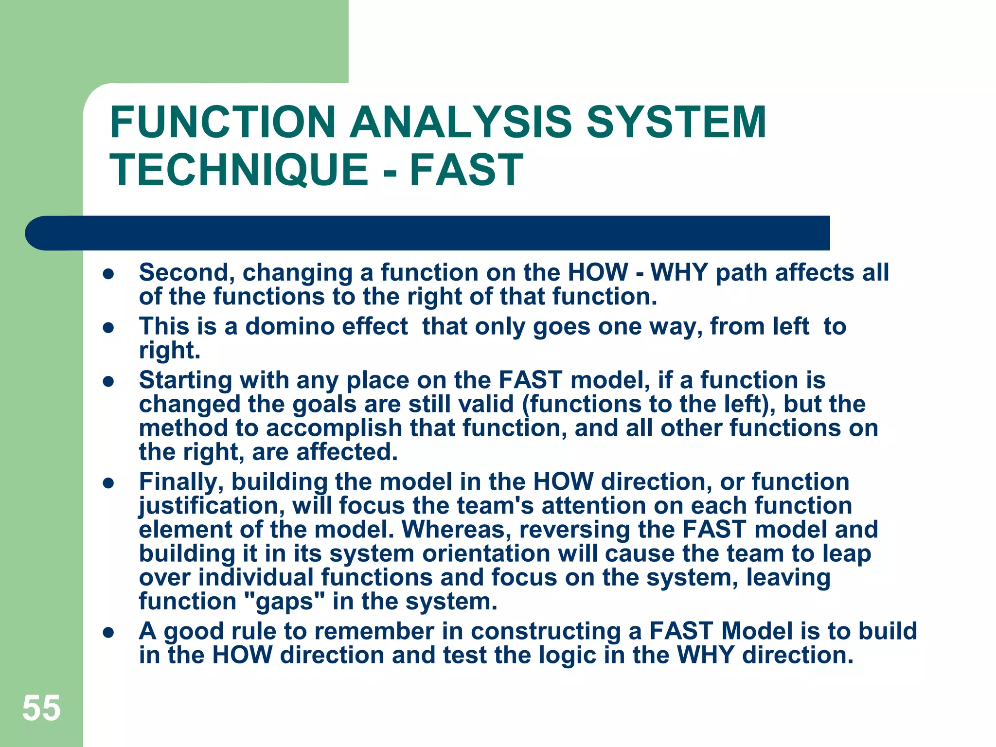 46THE  VA  PROCESS (JOB  PLAN)Phase V - Development Phase: This phase attempts a further development of the two to four ideas selected earlier. A real effort to develop the ideas of lowest cost that do the main function is attempted.Tests, prototypes, quotations of cost, costs of short term, long term alternatives and of any new ideas alternatives, prove to be useful at this stage. At the end of this process, the idea of least cost should have been identified.. Ask yourself: Would I spend my own money on this solution? If not, modify it.Phase VI - Presentation Phase: The team must ensure that the person really interested in applying the solution and the decision maker get to see it. Present the final solution in writing, in a concise format, stating the savings, costs and a detailed plan for implementing the idea. to the person that should implement it. Give a copy to his boss. It should have all the information needed. The value analysis group should not itself implement the idea, if this is outside its normal area of work.As with variety reduction, complacency and ingrained practices can block new implementation. The VA team must communicate and sell their case effectively (with detailed  costings  and savings, implementation plans, models or prototypes).