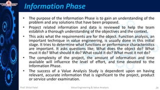 Prof. Shital Patel
Information Phase
• The purpose of the Information Phase is to gain an understanding of the
problem and any solutions that have been proposed.
• Project related information and data is reviewed to help the team
establish a thorough understanding of the objectives and the context.
• This asks what the requirements are for the object. Function analysis, an
important technique in value engineering, is usually done in this initial
stage. It tries to determine what functions or performance characteristics
are important. It asks questions like; What does the object do? What
must it do? What should it do? What could it do? What must it not do?
• The complexity of the project, the amount of information and time
available will influence the level of effort, and time devoted to the
Information Phase.
• The success of a Value Analysis Study is dependent upon on having
relevant, accurate information that is significant to the project, product
or service under examination.
Value Engineering & Value Analysis 29
 