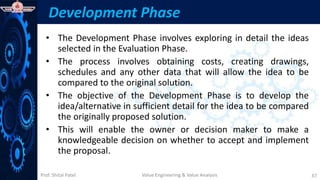 Prof. Shital Patel
Development Phase
• The Development Phase involves exploring in detail the ideas
selected in the Evaluation Phase.
• The process involves obtaining costs, creating drawings,
schedules and any other data that will allow the idea to be
compared to the original solution.
• The objective of the Development Phase is to develop the
idea/alternative in sufficient detail for the idea to be compared
the originally proposed solution.
• This will enable the owner or decision maker to make a
knowledgeable decision on whether to accept and implement
the proposal.
Value Engineering & Value Analysis 37
 