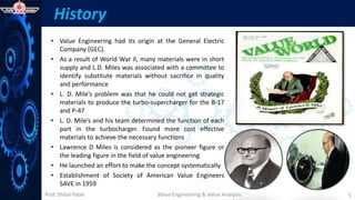Prof. Shital Patel
History
• Value Engineering had its origin at the General Electric
Company (GEC).
• As a result of World War II, many materials were in short
supply and L.D. Miles was associated with a committee to
identify substitute materials without sacrifice in quality
and performance
• L. D. Mile’s problem was that he could not get strategic
materials to produce the turbo-supercharger for the B-17
and P-47
• L. D. Mile’s and his team determined the function of each
part in the turbocharger. Found more cost effective
materials to achieve the necessary functions
• Lawrence D Miles is considered as the pioneer figure or
the leading figure in the field of value engineering
• He launched an effort to make the concept systematically
• Establishment of Society of American Value Engineers
SAVE in 1959
Value Engineering & Value Analysis 5
 