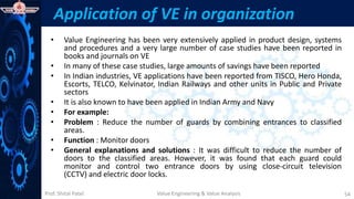 Prof. Shital Patel
Application of VE in organization
• Value Engineering has been very extensively applied in product design, systems
and procedures and a very large number of case studies have been reported in
books and journals on VE
• In many of these case studies, large amounts of savings have been reported
• In Indian industries, VE applications have been reported from TISCO, Hero Honda,
Escorts, TELCO, Kelvinator, Indian Railways and other units in Public and Private
sectors
• It is also known to have been applied in Indian Army and Navy
• For example:
• Problem : Reduce the number of guards by combining entrances to classified
areas.
• Function : Monitor doors
• General explanations and solutions : It was difficult to reduce the number of
doors to the classified areas. However, it was found that each guard could
monitor and control two entrance doors by using close-circuit television
(CCTV) and electric door locks.
Value Engineering & Value Analysis 54
 