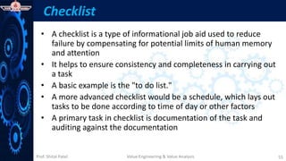 Prof. Shital Patel
Checklist
• A checklist is a type of informational job aid used to reduce
failure by compensating for potential limits of human memory
and attention
• It helps to ensure consistency and completeness in carrying out
a task
• A basic example is the "to do list."
• A more advanced checklist would be a schedule, which lays out
tasks to be done according to time of day or other factors
• A primary task in checklist is documentation of the task and
auditing against the documentation
Value Engineering & Value Analysis 55
 