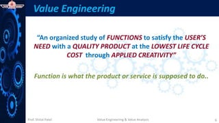 Prof. Shital Patel
Value Engineering
“An organized study of FUNCTIONS to satisfy the USER’S
NEED with a QUALITY PRODUCT at the LOWEST LIFE CYCLE
COST through APPLIED CREATIVITY”
Function is what the product or service is supposed to do..
Value Engineering & Value Analysis 6
 