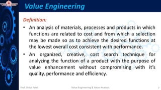 Prof. Shital Patel
Value Engineering
Definition:
• An analysis of materials, processes and products in which
functions are related to cost and from which a selection
may be made so as to achieve the desired functions at
the lowest overall cost consistent with performance.
• An organized, creative, cost search technique for
analyzing the function of a product with the purpose of
value enhancement without compromising with it’s
quality, performance and efficiency.
Value Engineering & Value Analysis 7
 