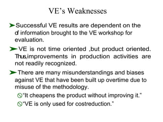 VE’s Weaknesses
⮞Successful VE results are dependent on the
of information brought to the VE workshop for
evaluation.
⮞VE is not time oriented ,but product oriented.
Thus,improvements in production activities are
not readily recognized.
⮞There are many misunderstandings and biases
against VE that have been built up overtime due to
misuse of the methodology.
“It cheapens the product without improving it.”
“VE is only used for costreduction.”
 