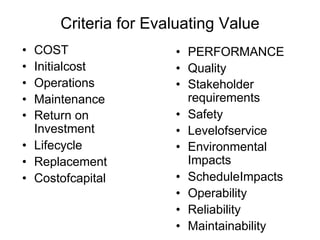 Criteria for Evaluating Value
• COST
• Initialcost
• Operations
• Maintenance
• Return on
Investment
• Lifecycle
• Replacement
• Costofcapital
• PERFORMANCE
• Quality
• Stakeholder
requirements
• Safety
• Levelofservice
• Environmental
Impacts
• ScheduleImpacts
• Operability
• Reliability
• Maintainability
 