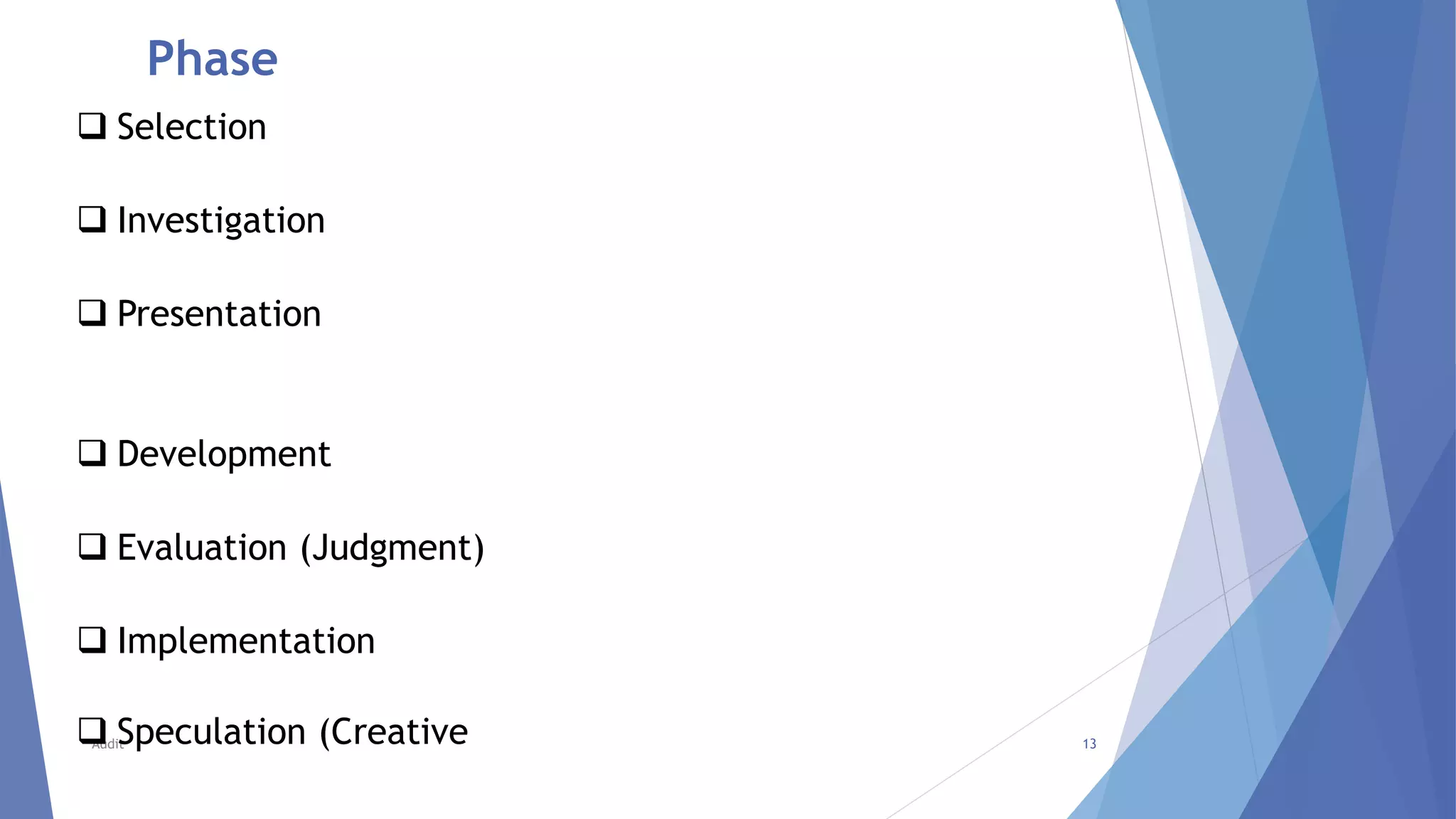 Phase
Audit 13
 Selection
 Investigation
 Presentation
 Development
 Evaluation (Judgment)
 Implementation
 Speculation (Creative
 