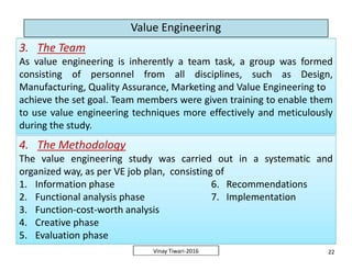 Value Engineering
3. The Team
As value engineering is inherently a team task, a group was formed
consisting of personnel from all disciplines, such as Design,
Manufacturing, Quality Assurance, Marketing and Value Engineering to
achieve the set goal. Team members were given training to enable them
to use value engineering techniques more effectively and meticulously
during the study.
3. The Team
As value engineering is inherently a team task, a group was formed
consisting of personnel from all disciplines, such as Design,
Manufacturing, Quality Assurance, Marketing and Value Engineering to
achieve the set goal. Team members were given training to enable them
to use value engineering techniques more effectively and meticulously
during the study.
4. The Methodology
The value engineering study was carried out in a systematic and
organized way, as per VE job plan, consisting of
1. Information phase 6. Recommendations
2. Functional analysis phase 7. Implementation
3. Function-cost-worth analysis
4. Creative phase
5. Evaluation phase
4. The Methodology
The value engineering study was carried out in a systematic and
organized way, as per VE job plan, consisting of
1. Information phase 6. Recommendations
2. Functional analysis phase 7. Implementation
3. Function-cost-worth analysis
4. Creative phase
5. Evaluation phase
22Vinay Tiwari-2016
4. The Methodology
The value engineering study was carried out in a systematic and
organized way, as per VE job plan, consisting of
1. Information phase 6. Recommendations
2. Functional analysis phase 7. Implementation
3. Function-cost-worth analysis
4. Creative phase
5. Evaluation phase
4. The Methodology
The value engineering study was carried out in a systematic and
organized way, as per VE job plan, consisting of
1. Information phase 6. Recommendations
2. Functional analysis phase 7. Implementation
3. Function-cost-worth analysis
4. Creative phase
5. Evaluation phase
 