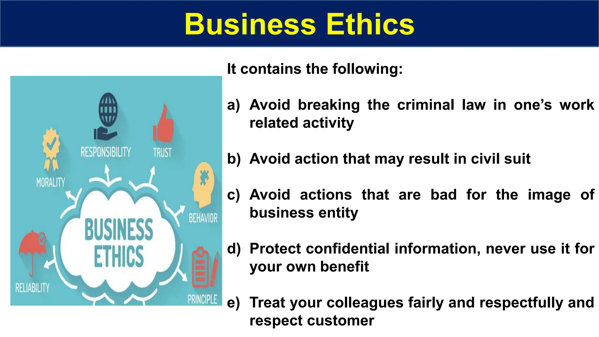 Business Ethics
It contains the following:
a) Avoid breaking the criminal law in one’s work
related activity
b) Avoid action that may result in civil suit
c) Avoid actions that are bad for the image of
business entity
d) Protect confidential information, never use it for
your own benefit
e) Treat your colleagues fairly and respectfully and
respect customer
 