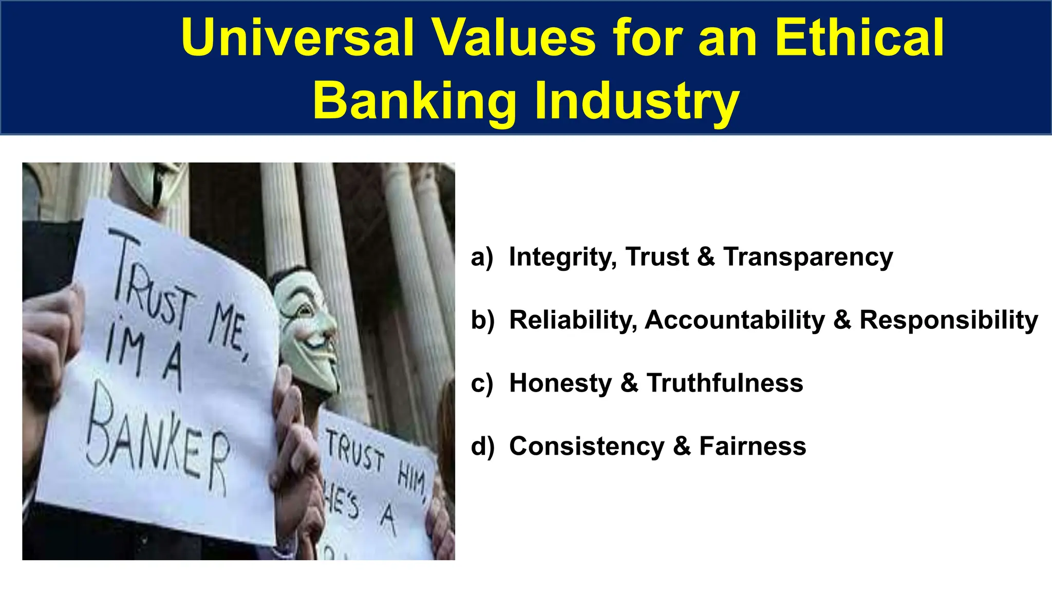 Universal Values for an Ethical
Banking Industry
a) Integrity, Trust & Transparency
b) Reliability, Accountability & Responsibility
c) Honesty & Truthfulness
d) Consistency & Fairness
 