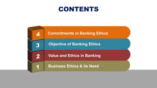 CONTENTS
Business Ethics & its Need
Value and Ethics in Banking
Objective of Banking Ethics
Commitments in Banking Ethics
 