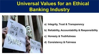 Universal Values for an Ethical
Banking Industry
a) Integrity, Trust & Transparency
b) Reliability, Accountability & Responsibility
c) Honesty & Truthfulness
d) Consistency & Fairness
 