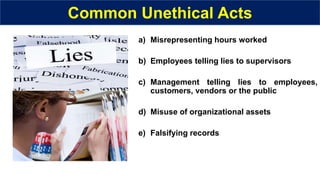 Common Unethical Acts
a) Misrepresenting hours worked
b) Employees telling lies to supervisors
c) Management telling lies to employees,
customers, vendors or the public
d) Misuse of organizational assets
e) Falsifying records
 