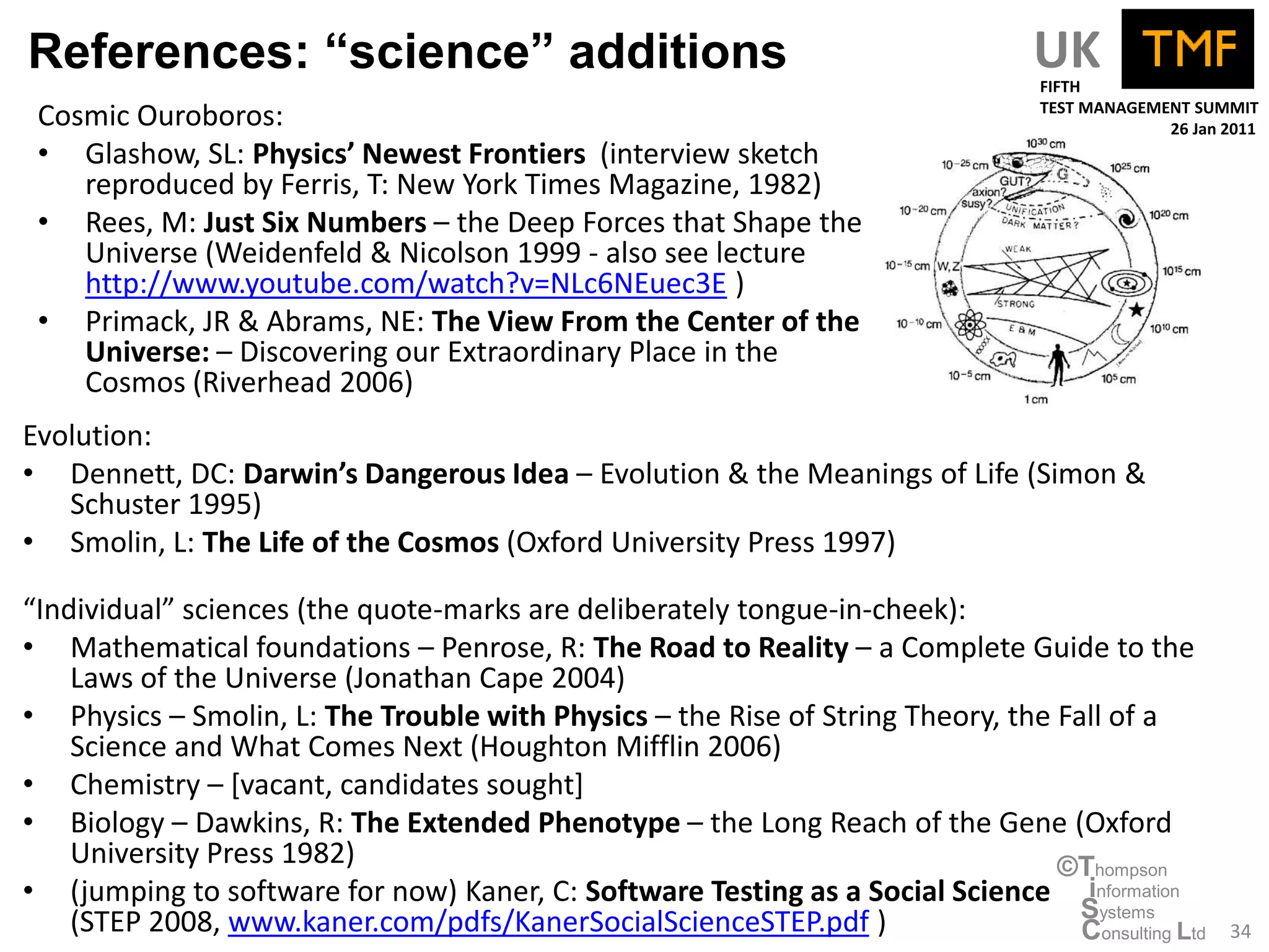 References: “science” additions                                                   UK
                                                                                   FIFTH
                                                                                   TEST MANAGEMENT SUMMIT
 Cosmic Ouroboros:                                                                              26 Jan 2011
 • Glashow, SL: Physics’ Newest Frontiers (interview sketch
    reproduced by Ferris, T: New York Times Magazine, 1982)
 • Rees, M: Just Six Numbers – the Deep Forces that Shape the
    Universe (Weidenfeld & Nicolson 1999 - also see lecture
    http://www.youtube.com/watch?v=NLc6NEuec3E )
 • Primack, JR & Abrams, NE: The View From the Center of the
    Universe: – Discovering our Extraordinary Place in the
    Cosmos (Riverhead 2006)
Evolution:
• Dennett, DC: Darwin’s Dangerous Idea – Evolution & the Meanings of Life (Simon &
   Schuster 1995)
• Smolin, L: The Life of the Cosmos (Oxford University Press 1997)

“Individual” sciences (the quote-marks are deliberately tongue-in-cheek):
• Mathematical foundations – Penrose, R: The Road to Reality – a Complete Guide to the
    Laws of the Universe (Jonathan Cape 2004)
• Physics – Smolin, L: The Trouble with Physics – the Rise of String Theory, the Fall of a
    Science and What Comes Next (Houghton Mifflin 2006)
• Chemistry – [vacant, candidates sought]
• Biology – Dawkins, R: The Extended Phenotype – the Long Reach of the Gene (Oxford
    University Press 1982)                                                       ©Thompson
• (jumping to software for now) Kaner, C: Software Testing as a Social Science information
    (STEP 2008, www.kaner.com/pdfs/KanerSocialScienceSTEP.pdf )                    Systems
                                                                                   Consulting Ltd      34
 