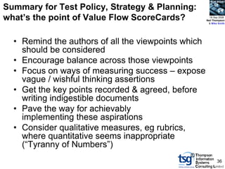 BCS SIGiST

Summary for Test Policy, Strategy & Planning:
what’s the point of Value Flow ScoreCards?             18 Sep 2008
                                                     Neil Thompson
                                                      & Mike Smith




  • Remind the authors of all the viewpoints which
    should be considered
  • Encourage balance across those viewpoints
  • Focus on ways of measuring success – expose
    vague / wishful thinking assertions
  • Get the key points recorded & agreed, before
    writing indigestible documents
  • Pave the way for achievably
    implementing these aspirations
  • Consider qualitative measures, eg rubrics,
    where quantitative seems inappropriate
    (“Tyranny of Numbers”)
                                              ©
                                                            36
 