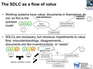 BCS SIGiST



The SDLC as a flow of value                                                                            18 Sep 2008
                                                                                                     Neil Thompson
                                                                                                      & Mike Smith




• Working systems have value; documents in themselves do
                        RAW MATERIALS                  FINISHED
  not; so this is the                                  PRODUCT
  quickest                            Demonstrations &
              a   b   c    Stated
  route!                requirements  acceptance tests



                                                        Programming


• SDLCs are necessary, but introduce impediments to value
  flow: misunderstandings, disagreements…
  documents are like inventory/stock, or “waste”
                                 b                Implicit
    a       b   c          a            d   requirements
                                 ’

                                            Documented
                                                                 ?            Acceptance tests
        I



                               I




                                            requirements
                                        ?
        Meeting / escalation to agree                Intermediate documentation!
                                                                                                 ©
                                                              Programming                                     5
 