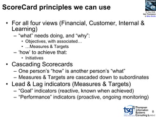 BCS SIGiST



ScoreCard principles we can use                             18 Sep 2008
                                                          Neil Thompson
                                                           & Mike Smith



 • For all four views (Financial, Customer, Internal &
   Learning)
   – “what” needs doing, and “why”:
      • Objectives, with associated…
      • …Measures & Targets
   – „how‟ to achieve that:
      • Initiatives
 • Cascading Scorecards
   – One person‟s “how” is another person‟s “what”
   – Measures & Targets are cascaded down to subordinates
 • Lead & Lag indicators (Measures & Targets)
   – “Goal” indicators (reactive, known when achieved)
   – “Performance” indicators (proactive, ongoing monitoring)
                                                     ©
                                                                   8
 