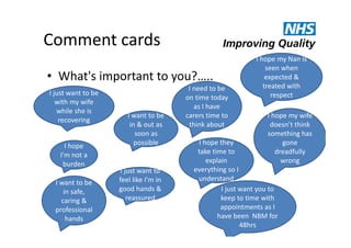 Comment cards
• What's important to you?…..
I just want to be
with my wife
while she is
recovering

I hope
I'm not a
burden
I want to be
in safe,
caring &
professional
hands

I want to be
in & out as
soon as
possible

I just want to
feel like I'm in
good hands &
reassured

I need to be
on time today
as I have
carers time to
think about

I hope my Nan is
seen when
expected &
treated with
respect
I hope my wife
doesn’t think
something has
gone
dreadfully
wrong

I hope they
take time to
explain
everything so I
understand
I just want you to
keep to time with
appointments as I
have been NBM for
48hrs

 