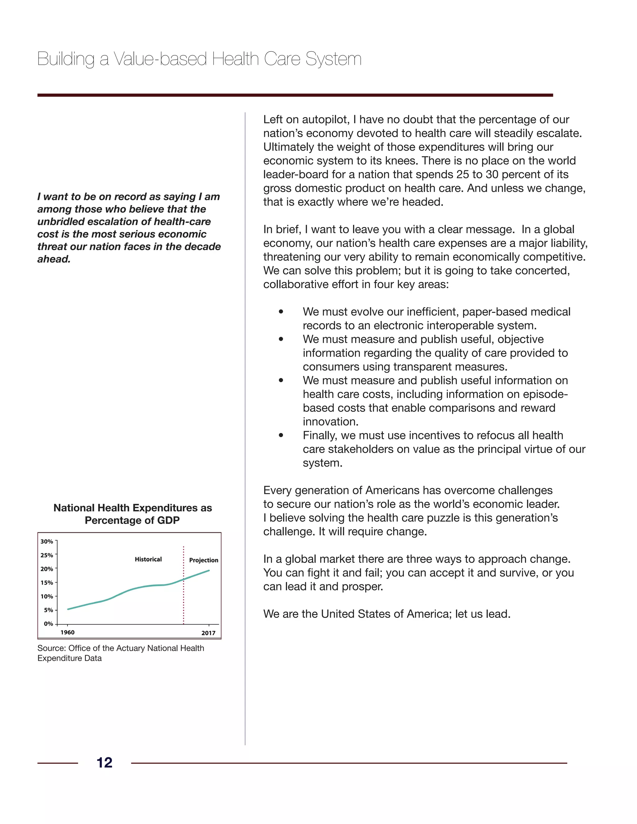 Left on autopilot, I have no doubt that the percentage of our
nation’s economy devoted to health care will steadily escalate.
Ultimately the weight of those expenditures will bring our
economic system to its knees. There is no place on the world
leader-board for a nation that spends 25 to 30 percent of its
gross domestic product on health care. And unless we change,
that is exactly where we’re headed.
In brief, I want to leave you with a clear message. In a global
economy, our nation’s health care expenses are a major liability,
threatening our very ability to remain economically competitive.
We can solve this problem; but it is going to take concerted,
collaborative effort in four key areas:
We must evolve our inefficient, paper-based medical•
records to an electronic interoperable system.
We must measure and publish useful, objective•
information regarding the quality of care provided to
consumers using transparent measures.
We must measure and publish useful information on•
health care costs, including information on episode-
based costs that enable comparisons and reward
innovation.
Finally, we must use incentives to refocus all health•
care stakeholders on value as the principal virtue of our
system.
Every generation of Americans has overcome challenges
to secure our nation’s role as the world’s economic leader.
I believe solving the health care puzzle is this generation’s
challenge. It will require change.
In a global market there are three ways to approach change.
You can fight it and fail; you can accept it and survive, or you
can lead it and prosper.
We are the United States of America; let us lead.
12
I want to be on record as saying I am
among those who believe that the
unbridled escalation of health-care
cost is the most serious economic
threat our nation faces in the decade
ahead.
Building a Value-based Health Care System
National Health Expenditures as
Percentage of GDP
Source: Office of the Actuary National Health
Expenditure Data
 