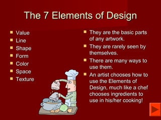 The 7 Elements of DesignThe 7 Elements of Design
 ValueValue
 LineLine
 ShapeShape
 FormForm
 ColorColor
 SpaceSpace
 TextureTexture
 They are the basic partsThey are the basic parts
of any artwork.of any artwork.
 They are rarely seen byThey are rarely seen by
themselves.themselves.
 There are many ways toThere are many ways to
use them.use them.
 An artist chooses how toAn artist chooses how to
use the Elements ofuse the Elements of
Design, much like a chefDesign, much like a chef
chooses ingredients tochooses ingredients to
use in his/her cooking!use in his/her cooking!
 
